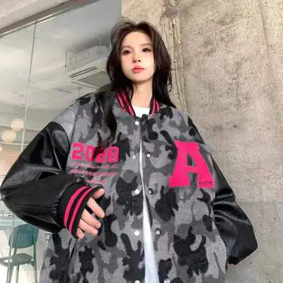 Harajuku Style Women Bomber Jacket - Embroidered Camouflage