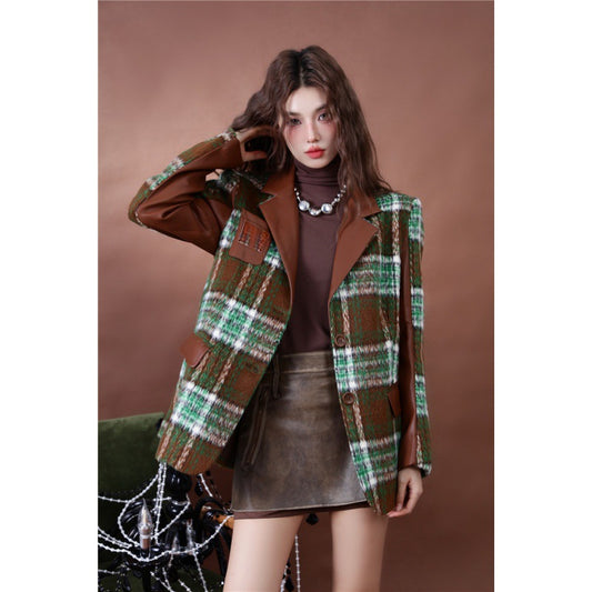 Fit Green Plaid Casual Woolen Coat for Women