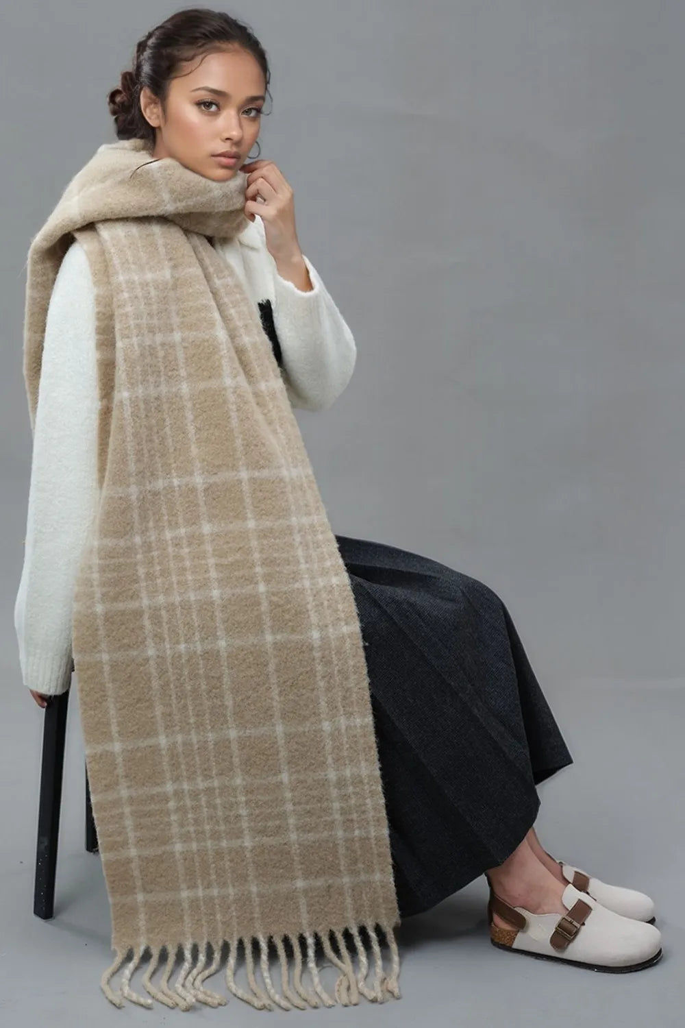 Fringe Plaid Thermal Scarf - Harajuku Style