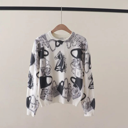 Anime Horse Graphic Pullover Sweater - Harajuku Style