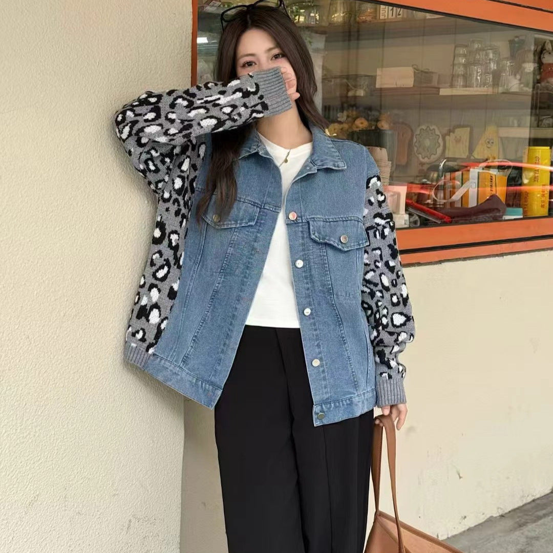 Retro Leopard Print Denim Patchwork Sweater Coat