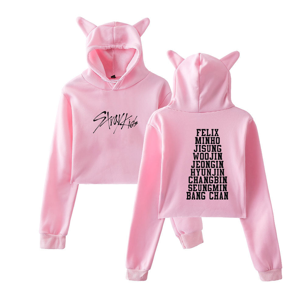 Kawaii Cat Ears StrayKids Cropped Hoodie for Women