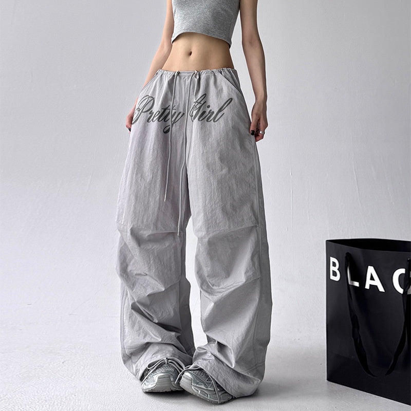 Harajuku Style Printed Pleated Paratrooper Wide Leg Pants