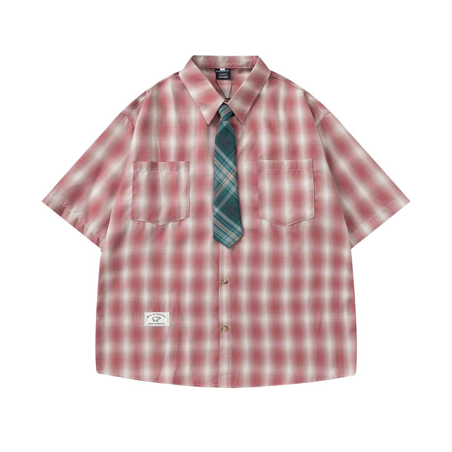 Retro Plaid Collar Tie Short Sleeve Shirt