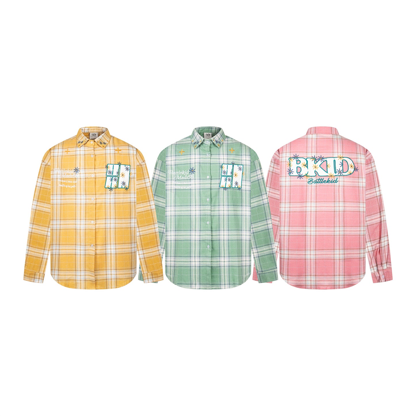Harajuku Style Block Stripe Patchwork Embroidered Plaid Shirt