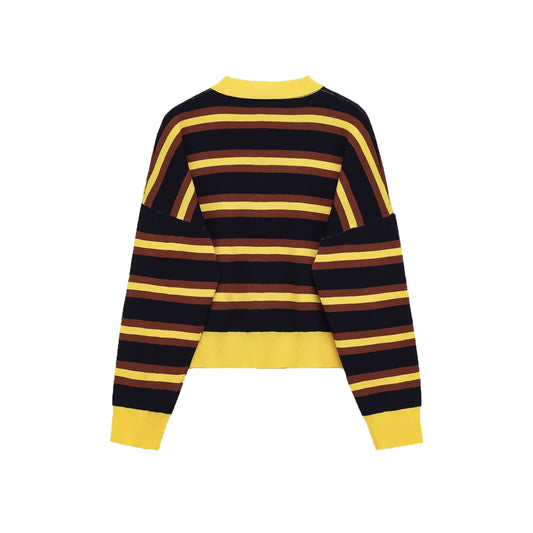 Solid Color Yellow Striped Long Sleeve Polo Neck Knit Sweater