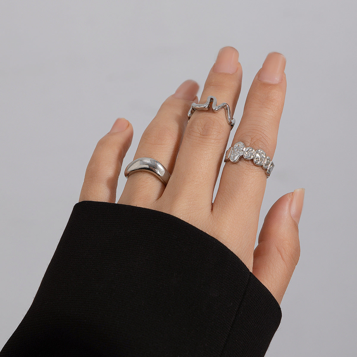 Geometric Metal Lava Line Ring Set - Harajuku Style