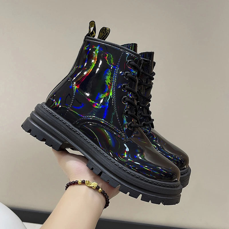Harajuku Style Reflective Color Leather Ankle Boots