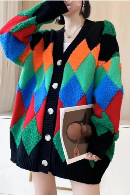Playful Oversized Plaid Cardigan Sweater for Women