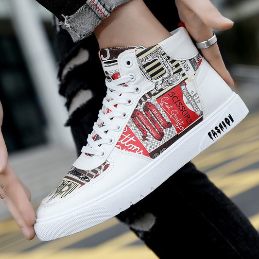 Trendy Harajuku Style Men's High Top Shoes - Graffiti Design