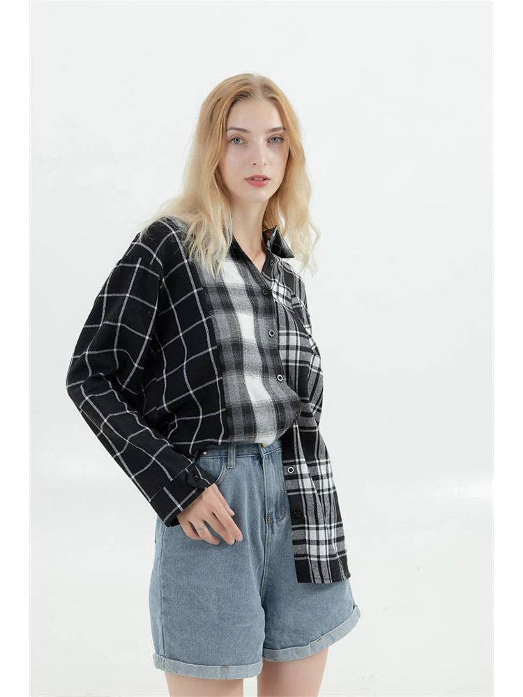 Oversized Plaid Patchwork Blouse - Harajuku Vintage Shirt