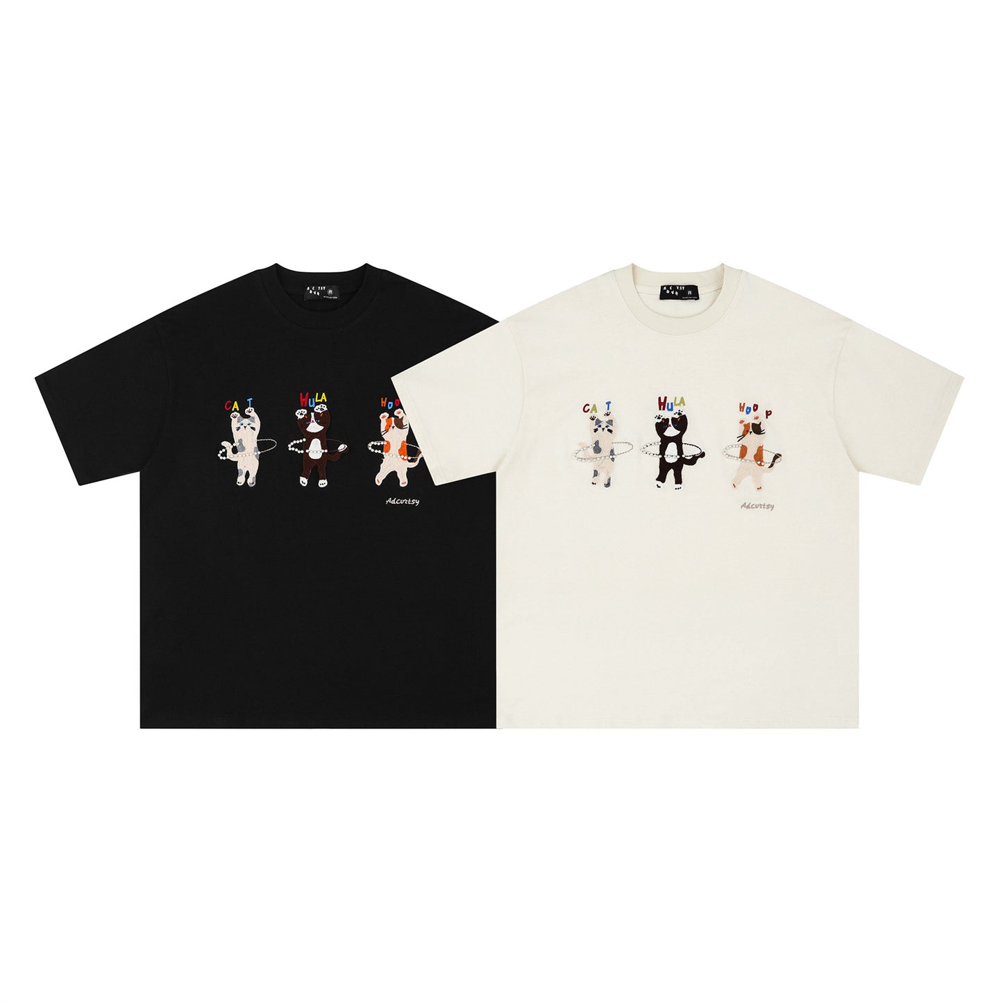 Playful Rhinestone Hula Hoop Cat Embroidery T-Shirt