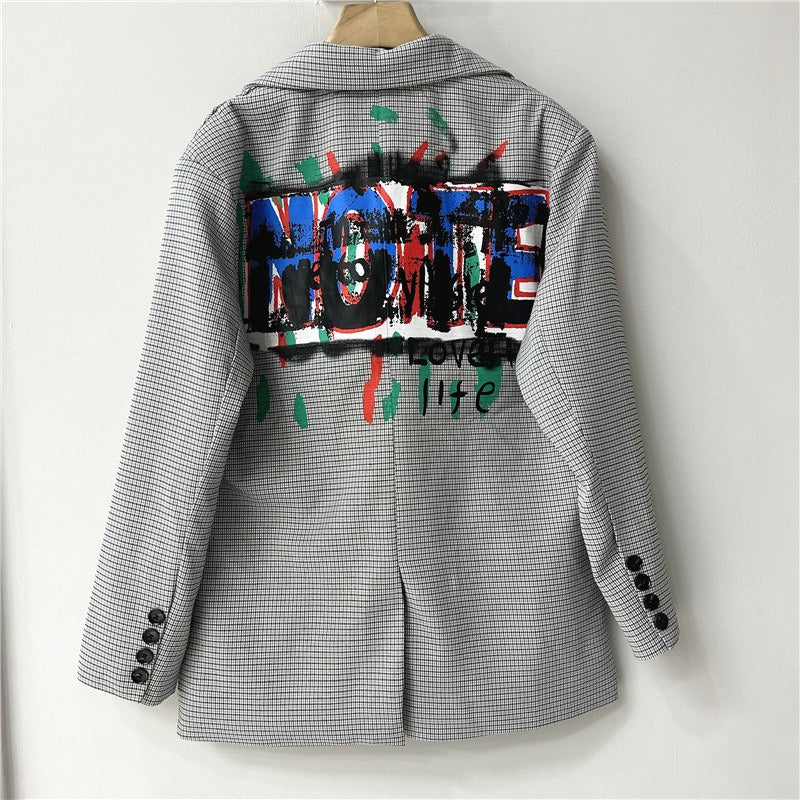 Harajuku Plaid Graffiti Jacket - Loose Fit Women's Suit