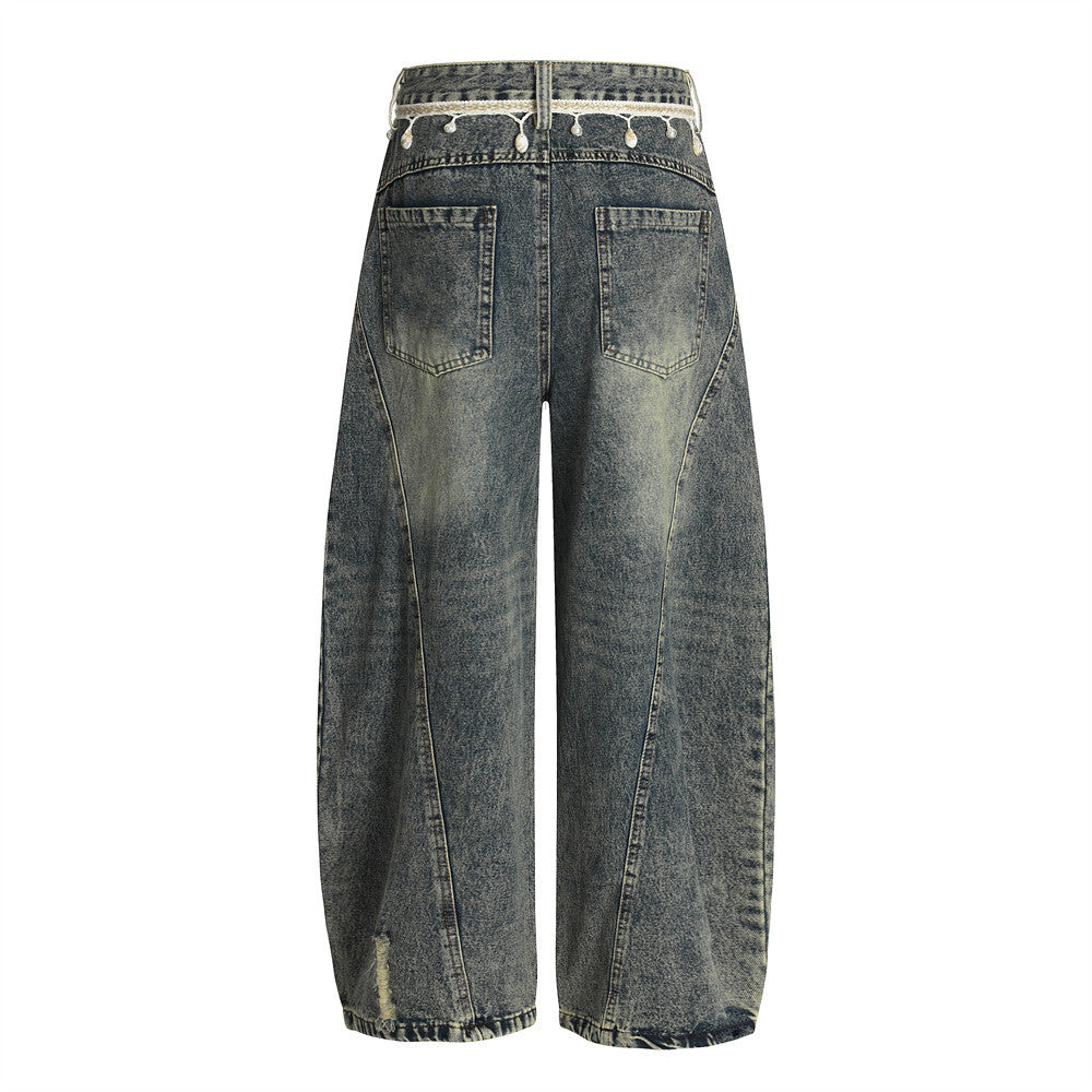 Punk Retro Distressed Denim Wide-Leg Pants for Men