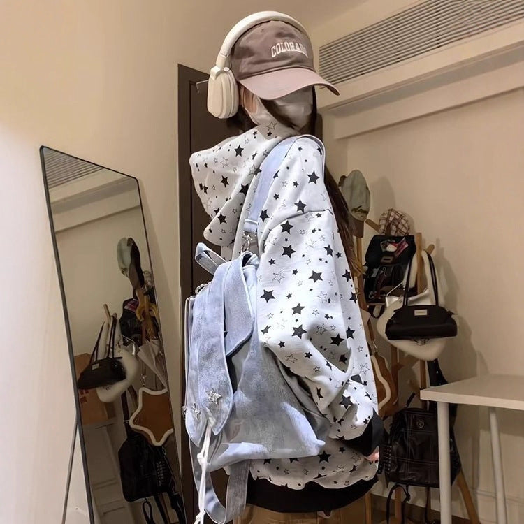 Star All-Over Print Gray Hooded Sweatshirt