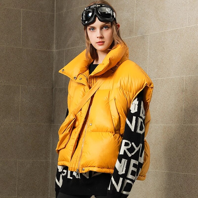 Harajuku Style Women's White Duck Down Coat with Waist Bag