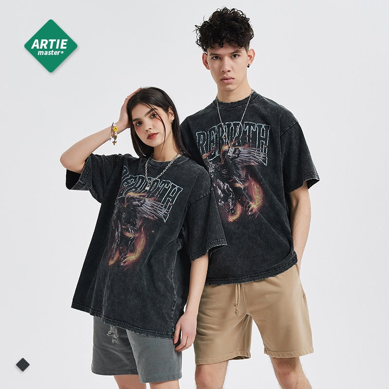 Firehorse Print Worn Out T-Shirt for Men - Harajuku Style