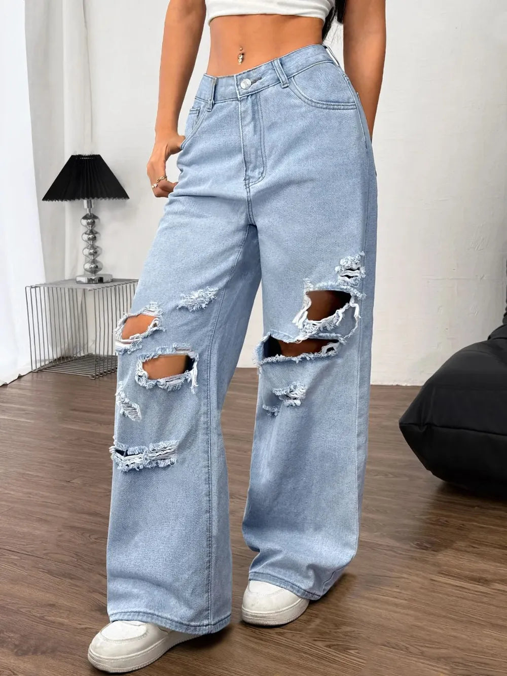 Distressed Wide Leg Jeans with Pockets - Harajuku Style