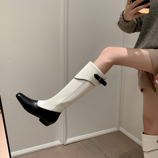 Harajuku Style Genuine Leather Low Square Heels Boots