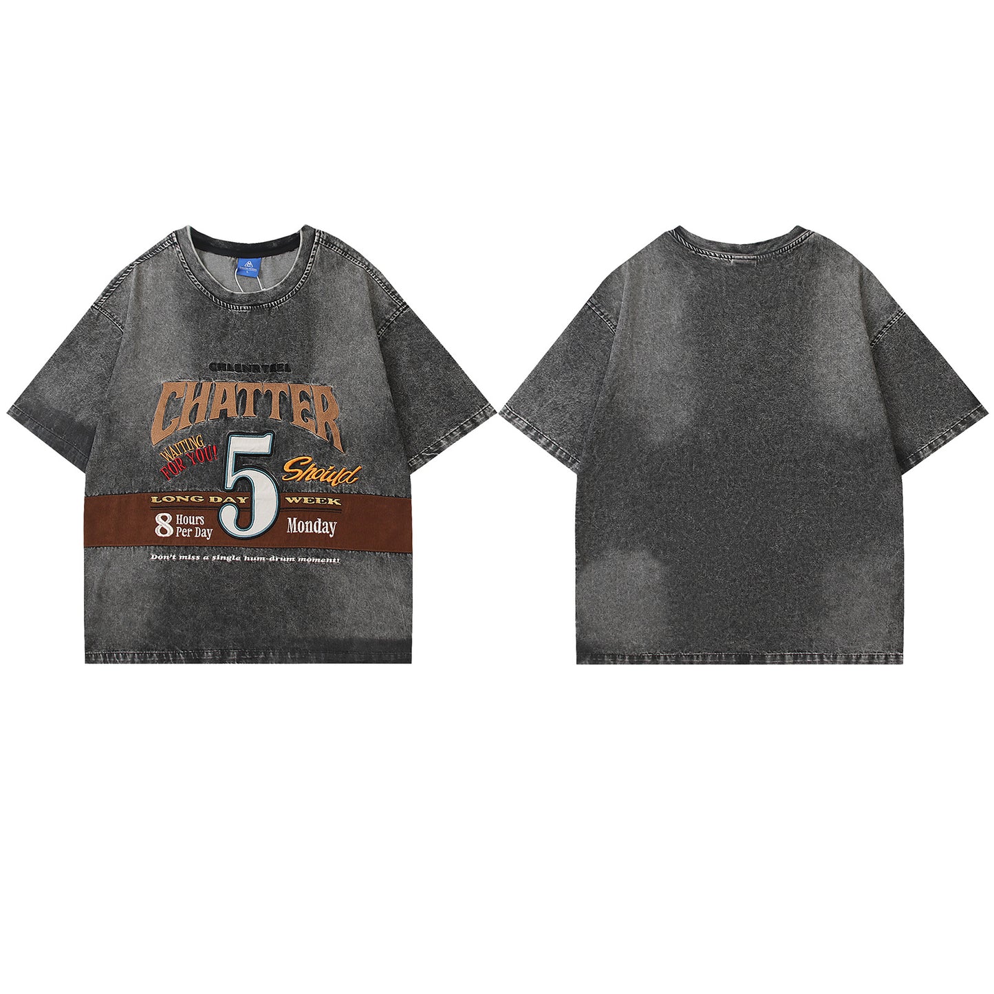 Harajuku Style Washed Letter Embroidery Denim T-Shirt