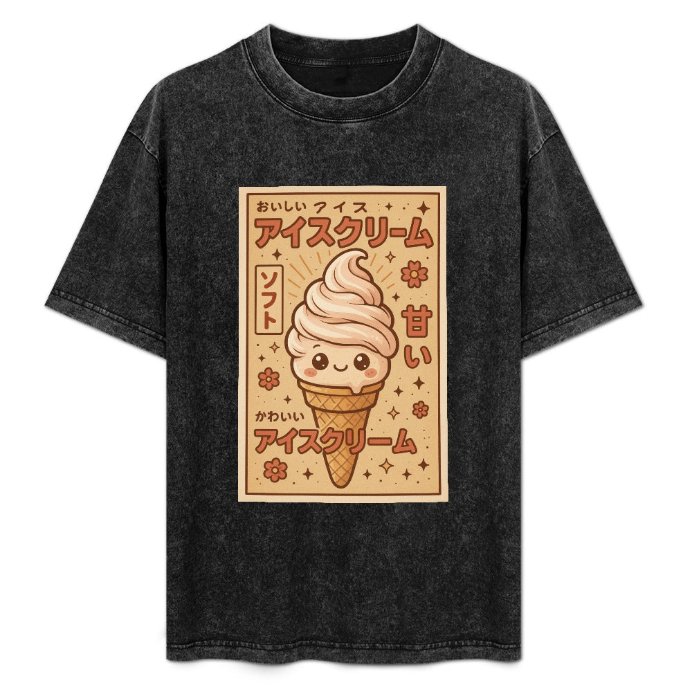 Kawaii Ice Cream Cone Vintage Wash Off Shoulder T-Shirt