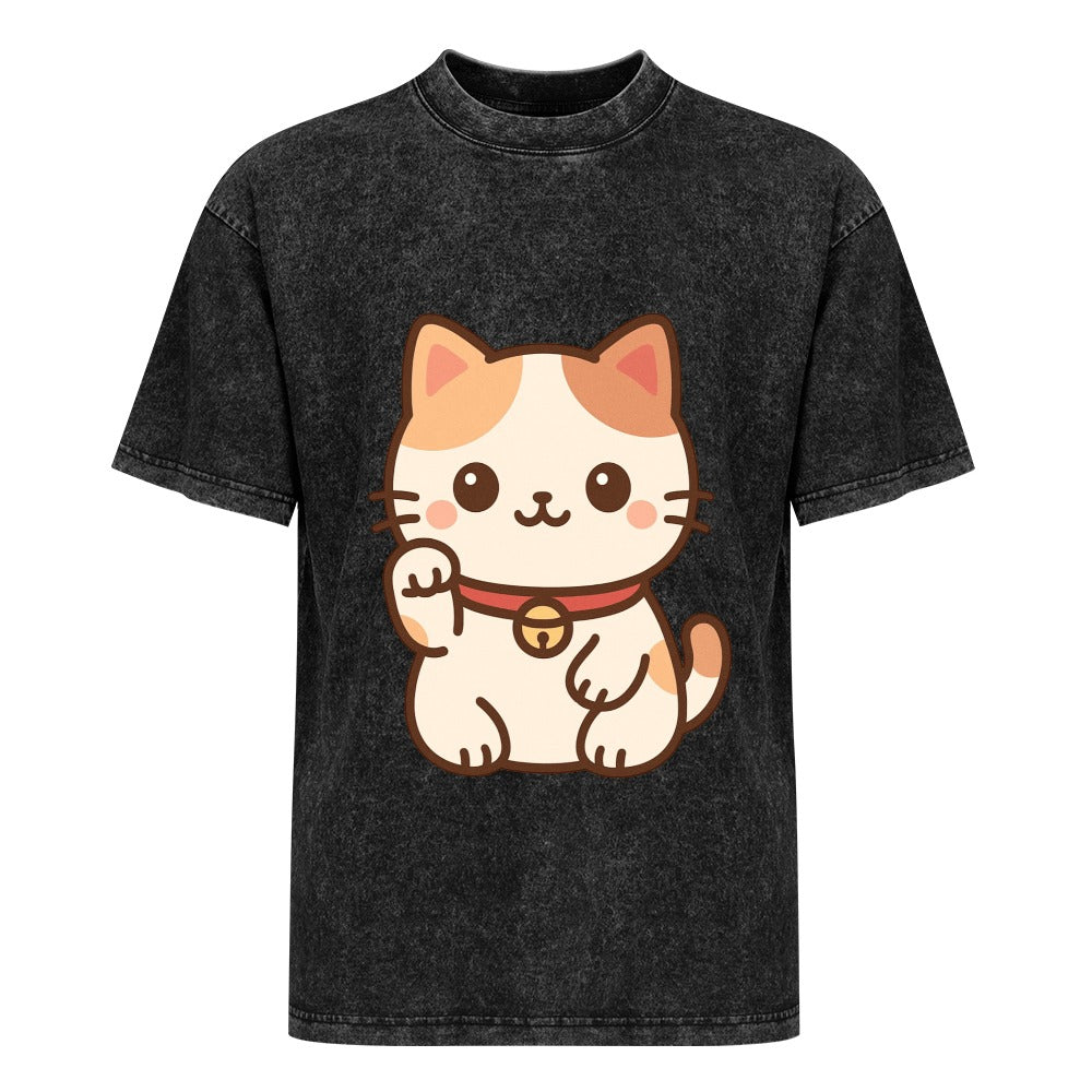 Kawaii Japanese Cat Vintage Wash Off Shoulder T-Shirt