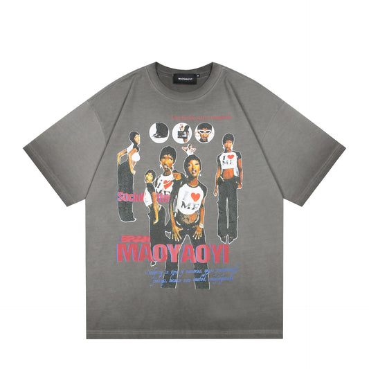 Harajuku Style Washed Figure Print Loose Fit Tee