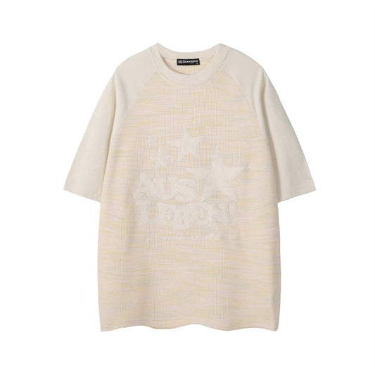 Letter Embroidery Splicing Waffle T-Shirt