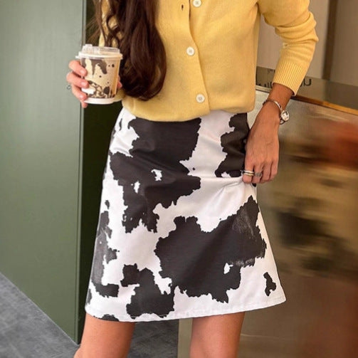 Cow Print Short Skirt for Women - Casual Color Block High Waist A-Line Skirt