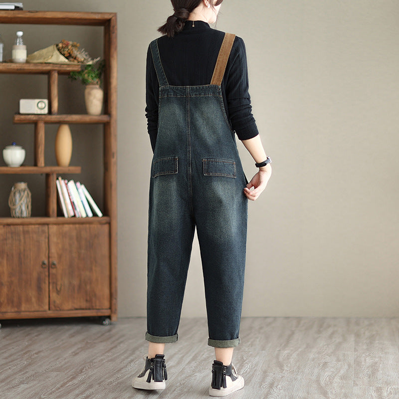 Color Blocked Oversized Denim Overalls Jumpsuit