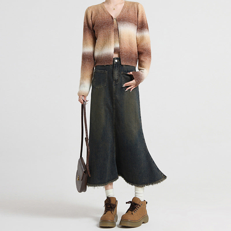 Lazy Style Versatile Denim Skirt for Women - High Waist Slimming Mid-Length A-Line Pencil Skirt