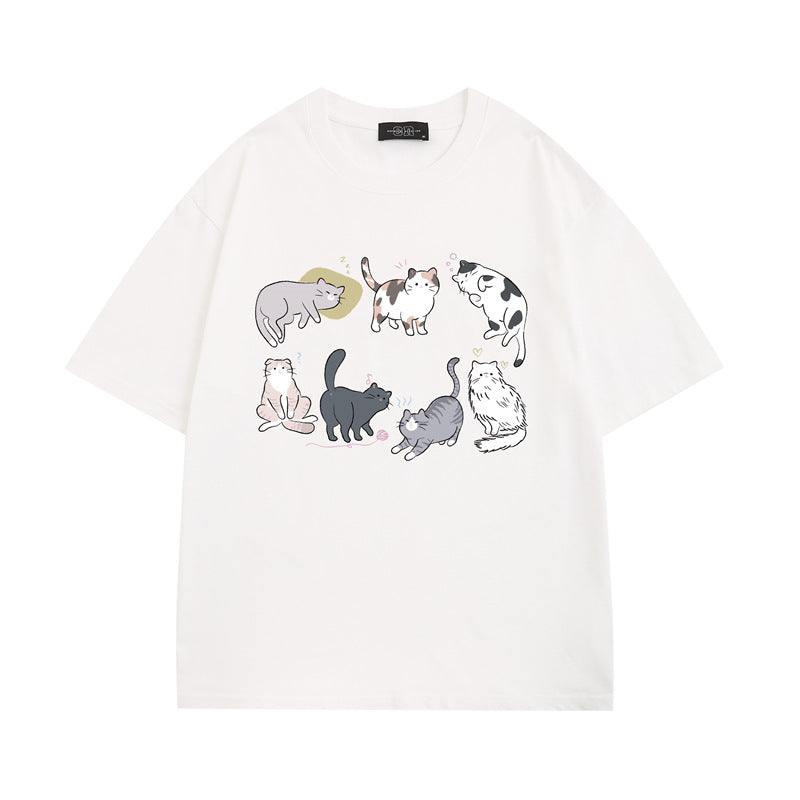 Cartoon Cat Print Casual Short Sleeves