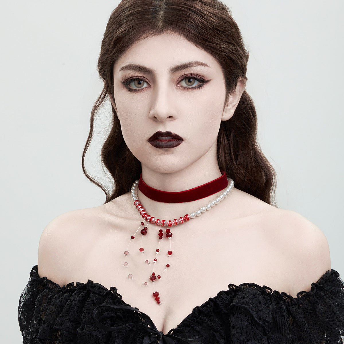 Gothic Pearl Choker Necklace with Blood Drop Tassel