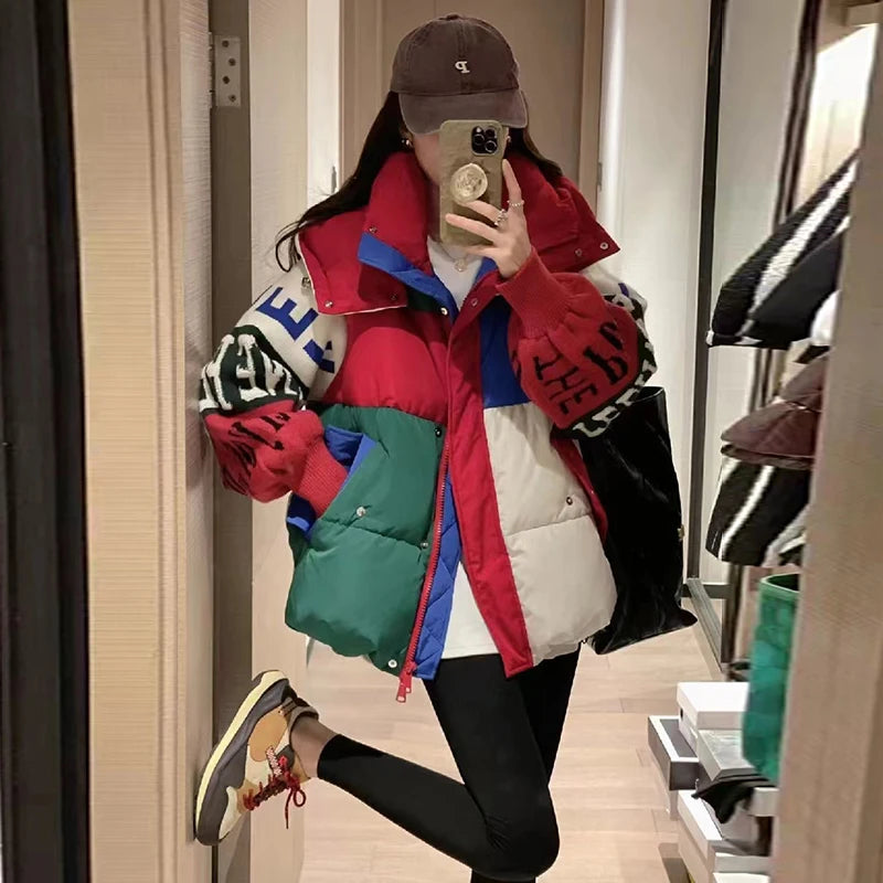 Harajuku Style Letter Stitched Down Jacket for Women