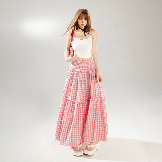 Women's Pink Plaid Flare Long Skirt - Loose A-Line Big Swing Skirt