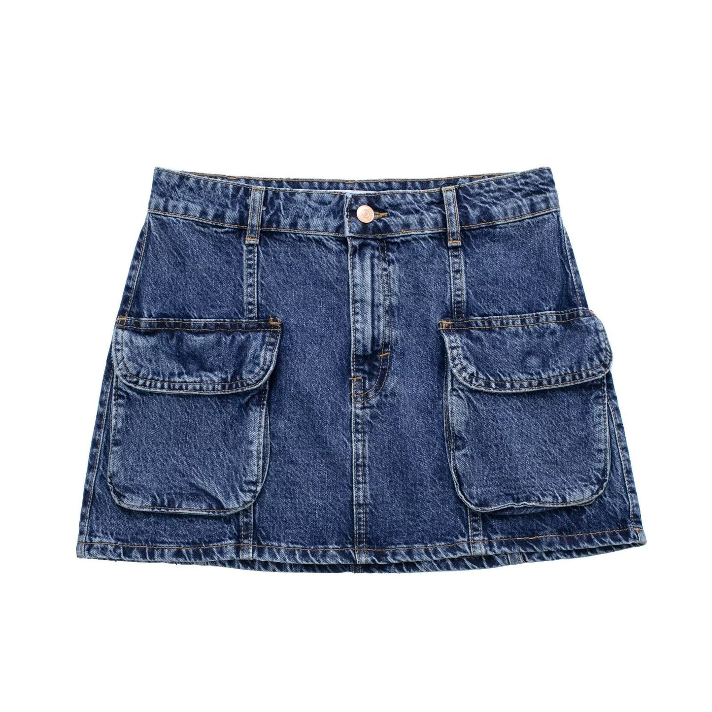 Mini High Waist Denim Skirt Personalized Street Work Pocket Half Skirt