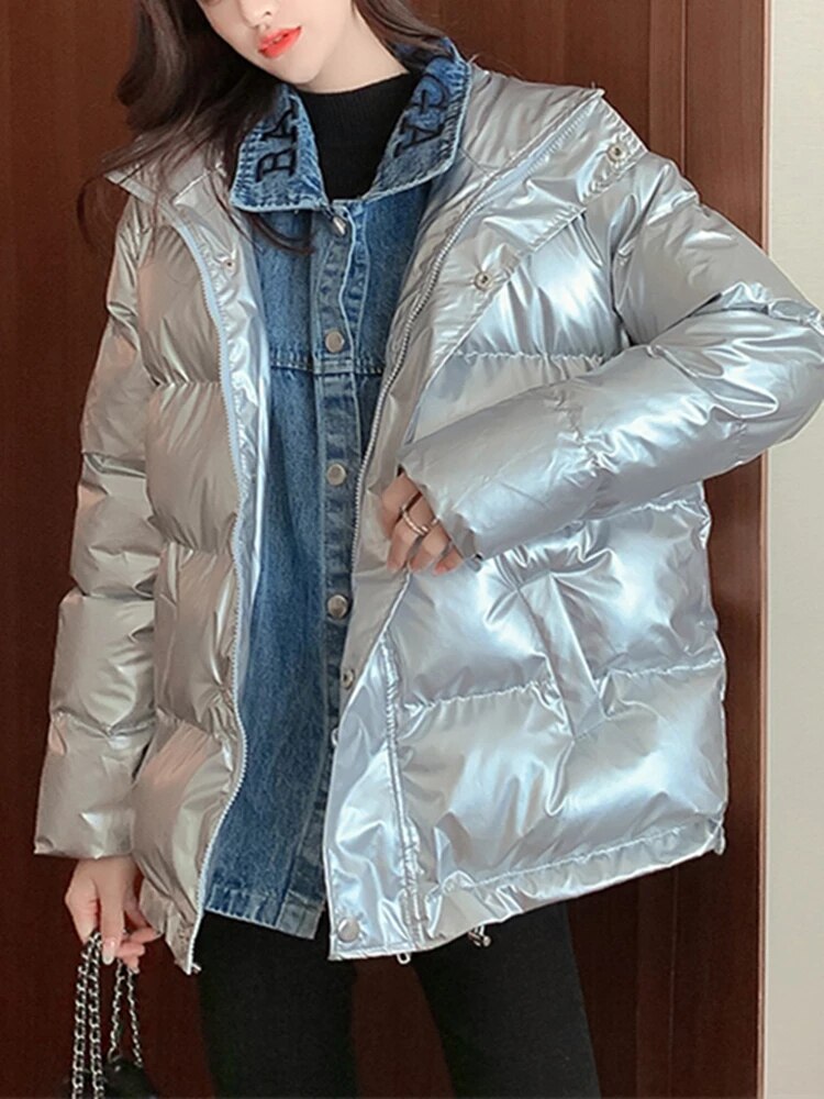 Loose Fit Denim Stitching Down Jacket for Women