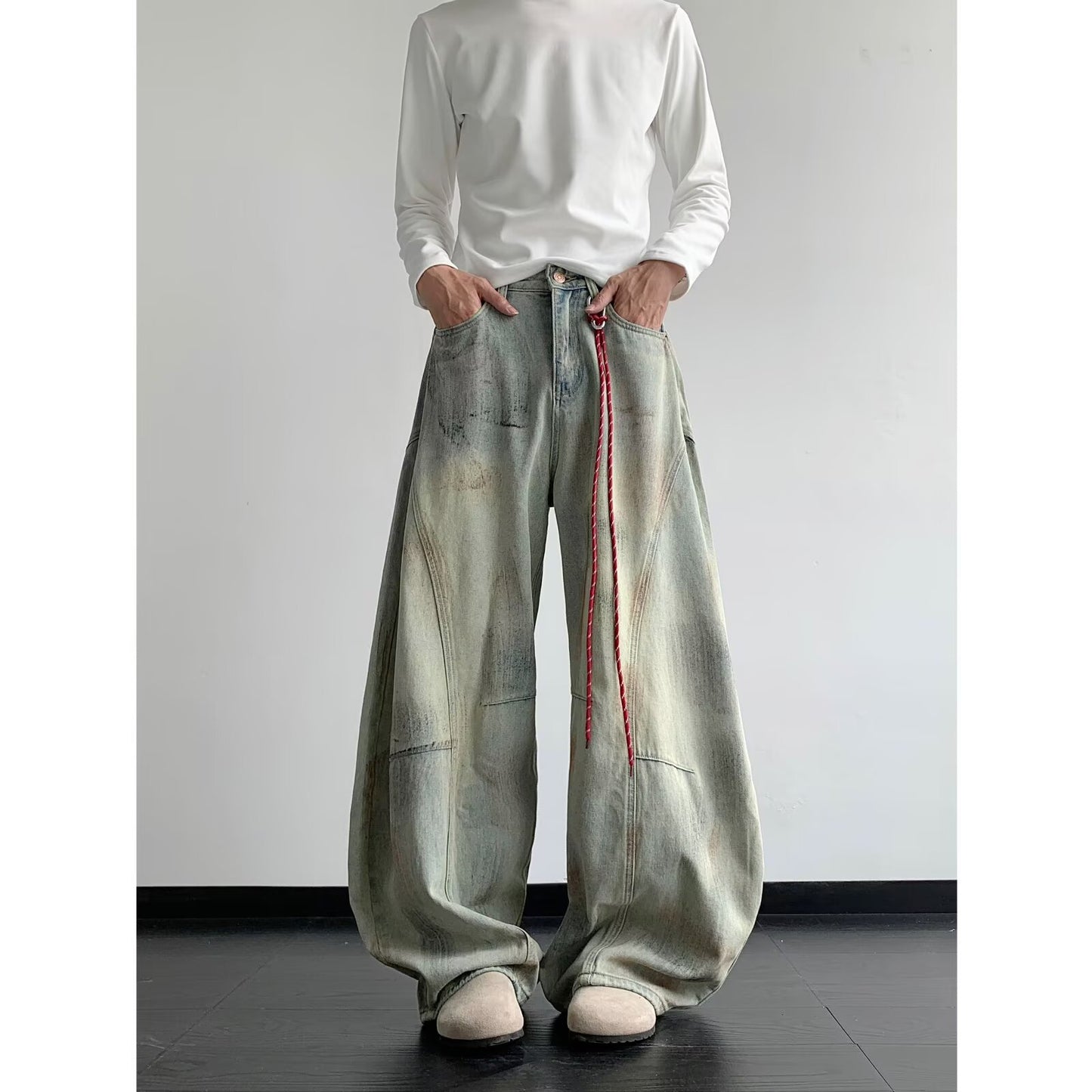 Deconstructed Curved Knife Denim Wide Leg Pants