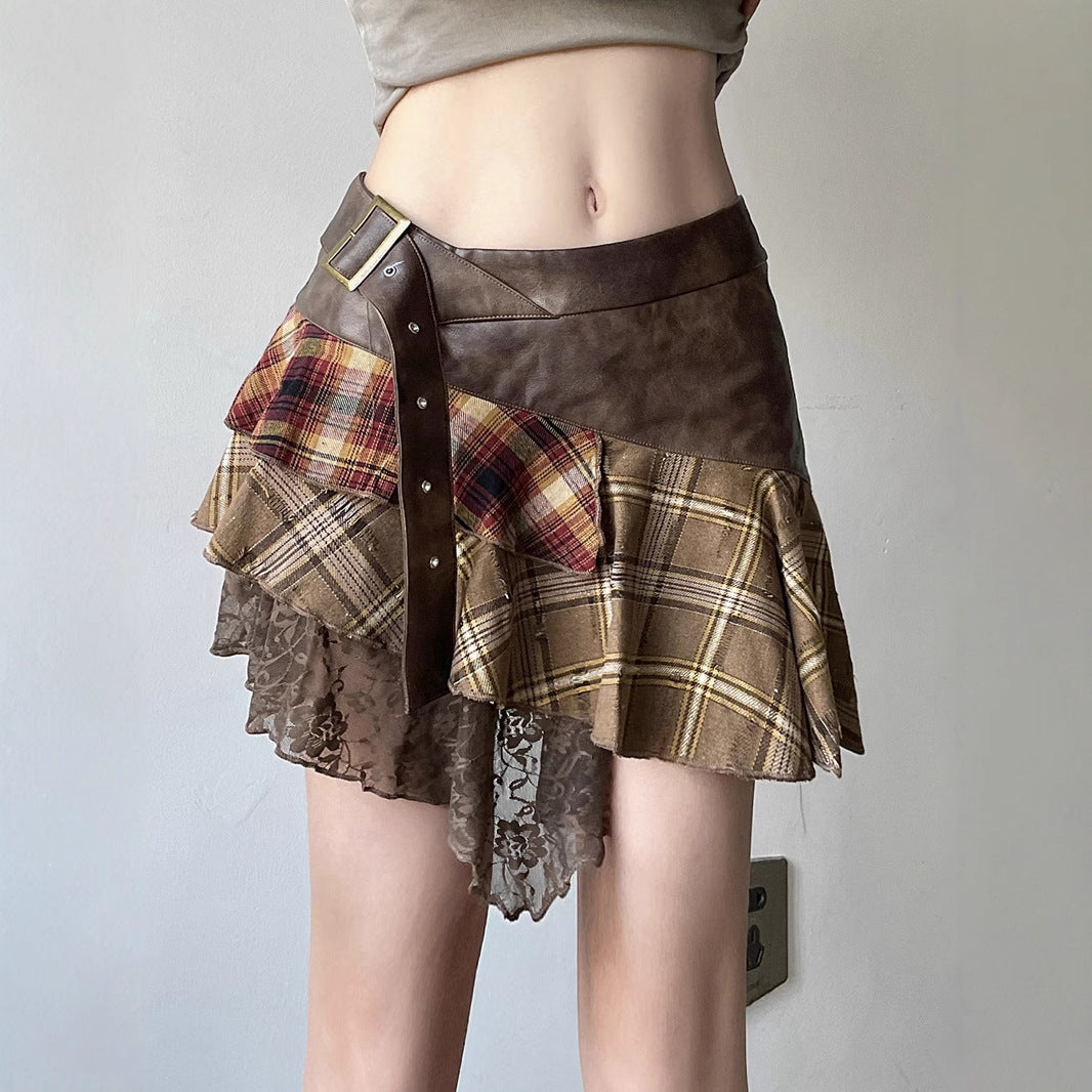 Wandering Girl Post-Apocalyptic Style Skirt with Plaid Splicing and Vintage V-Neck Lace Short Skirt