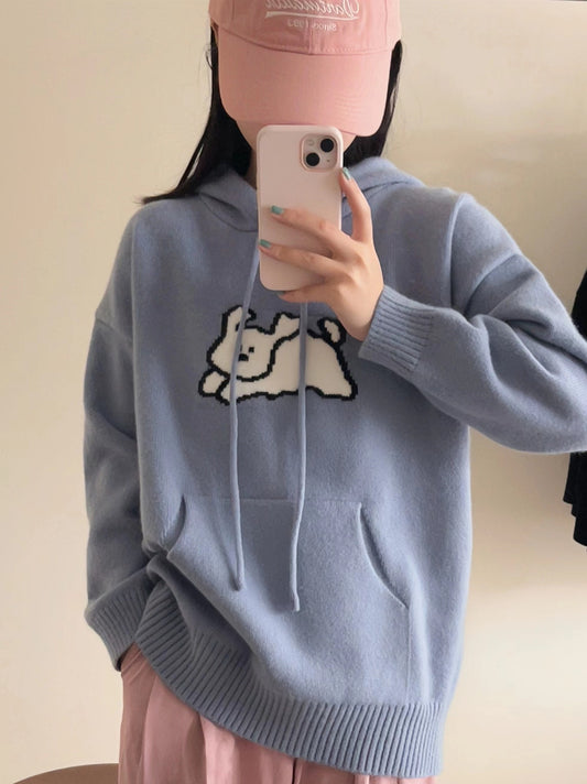Cute Cartoon Hooded Sweater Knitted Sweater - Loose Pocket Overlapping Sweater