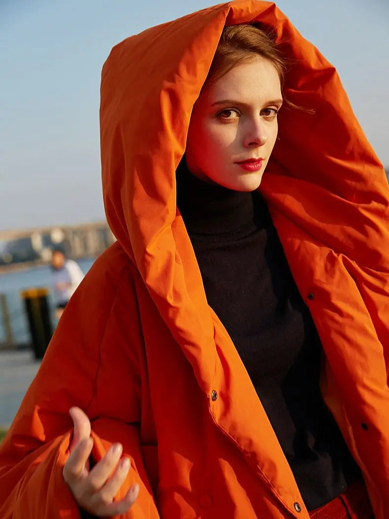 Harajuku Style Women's Oversized Down Parka - Fluffy Orange Red
