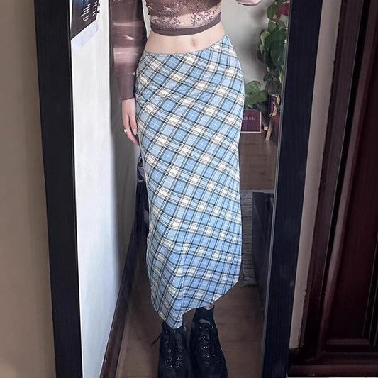 Vintage Literary Elegant Plaid Slim Fit Pencil Long Mermaid Skirt