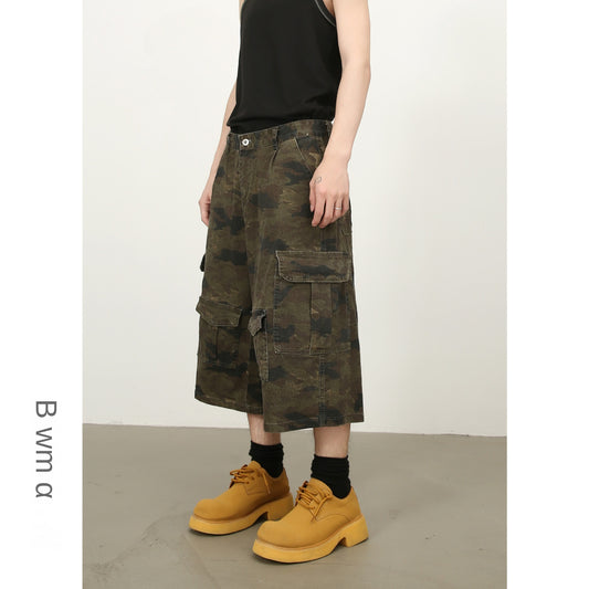 Retro Camouflage Wide-Leg Seven-Quarter Pants