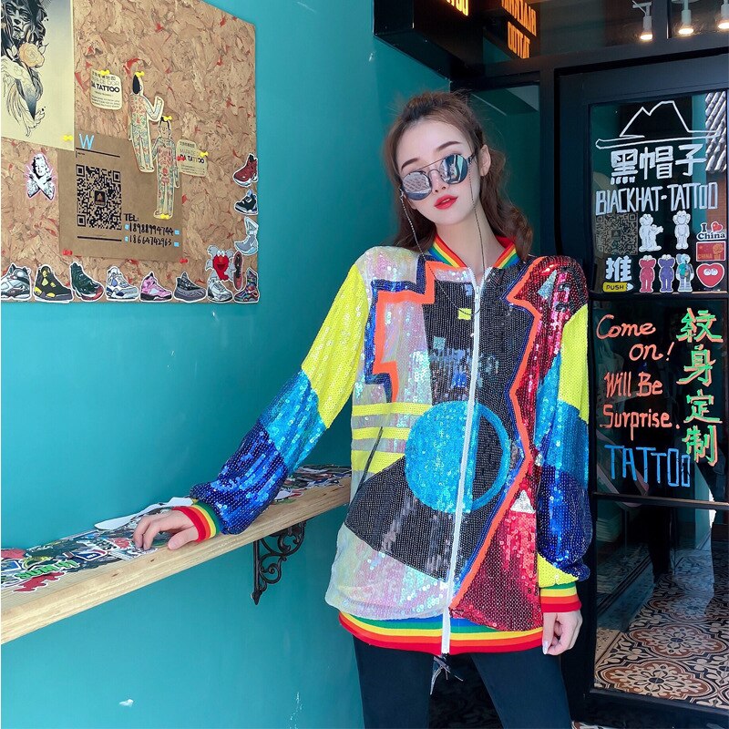 Harajuku Style Sequin Baseball Jacket for Women