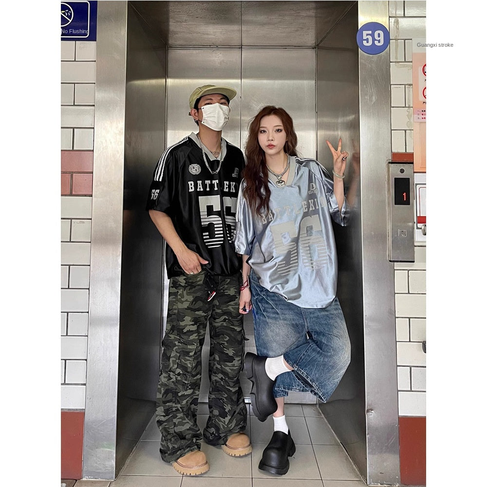 Harajuku Style V-Neck Ice Hockey Jersey T-Shirt