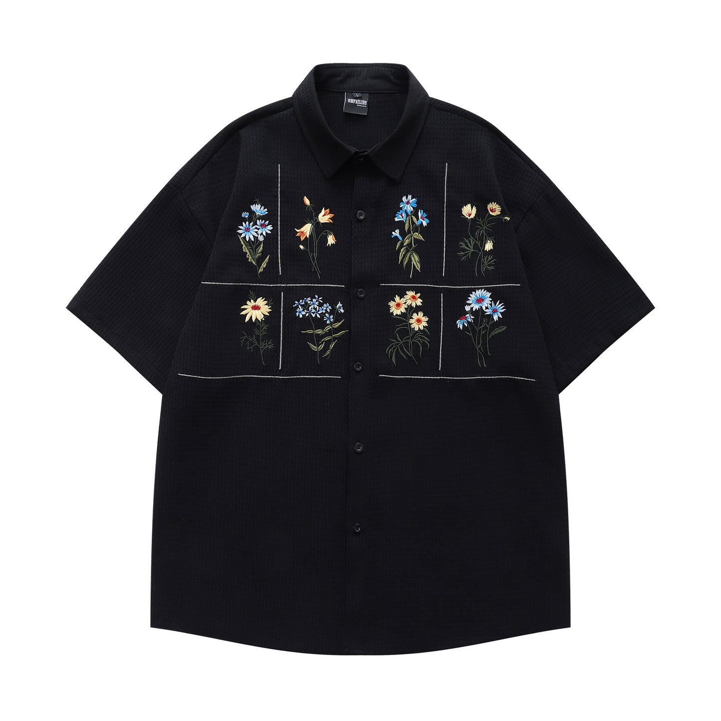 Floral Embroidery Waffle Short Sleeve Shirt