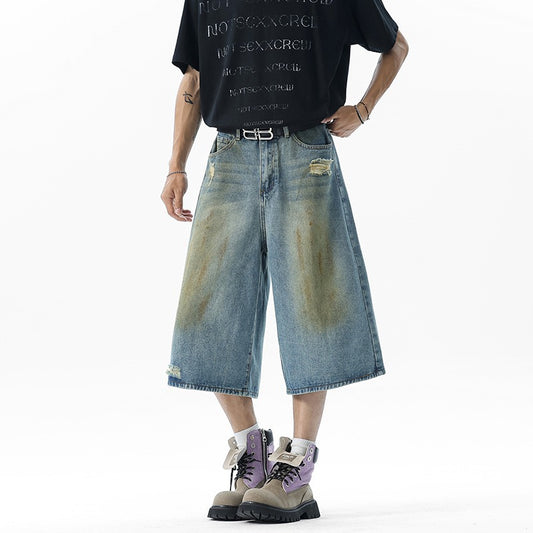 Playful Vintage Denim Shorts - Loose Wide Leg Pants