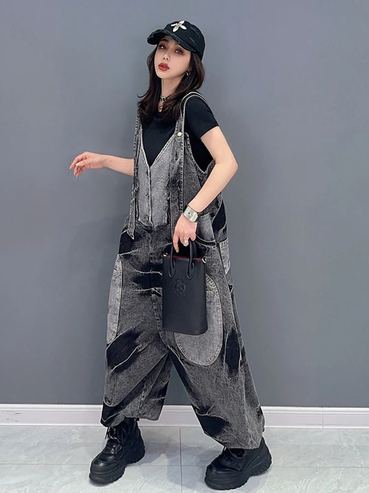 Playful Denim Patchwork V-Neck Jumpsuit for Women