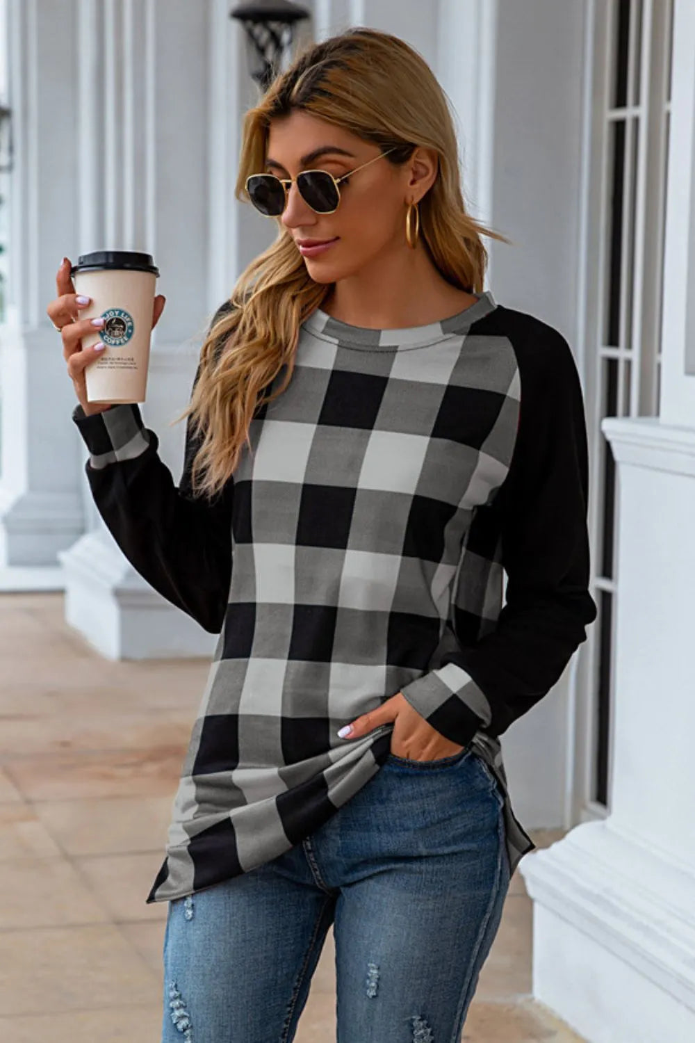 Harajuku Plaid Round Neck Long Sleeve T-Shirt
