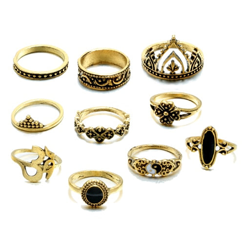 10pcs Bohemian Antique Silver Crown Star Moon Flower Rings Set